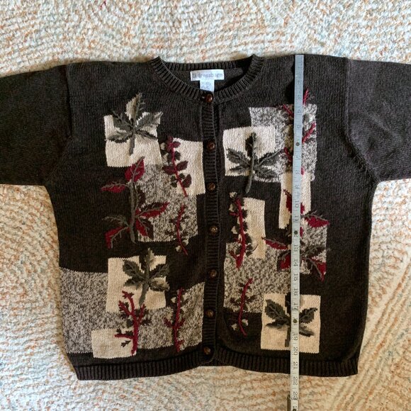 VTG Dress Barn Brown Cardigan Sweater Embroidered Floral Crewneck Grandpa Size L - Picture 7 of 12